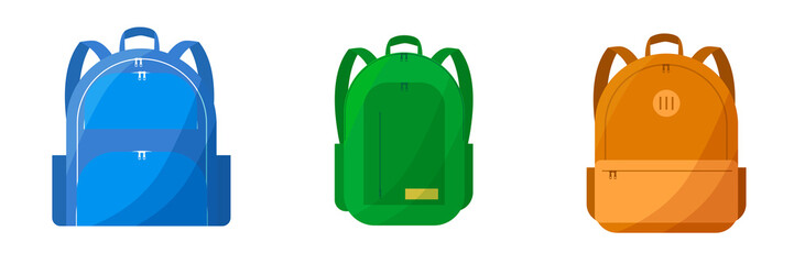 Set of fashionable school backpacks with clasps. An open backpack with books and notebooks. Backpacks for teenagers. Flat cartoon vector illustration.