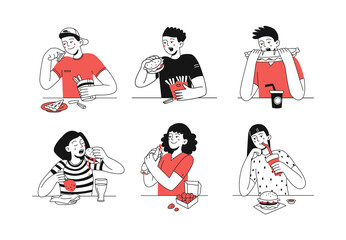 Set of happy people eating delicious fast food. Bad snack. Unhealthy Lifestyle. Vector fashion flat illustration