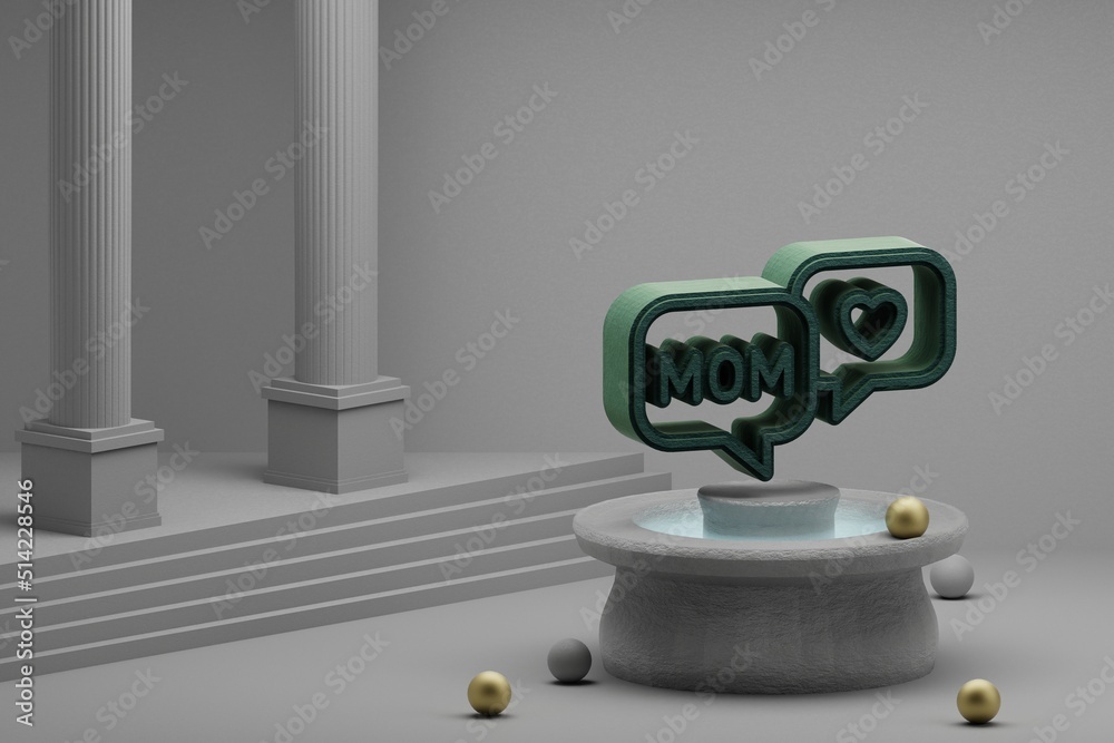 Poster beautiful abstract illustrations green message with word mom and heart symbol icon on a fountain and