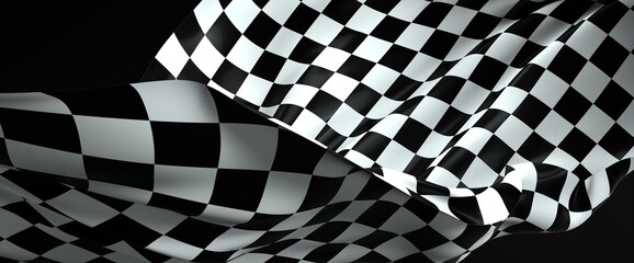 Obraz premium Checkered flag flying on blue background. Car race or motorsport rally flag. 3D wavy pattern background