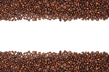 Roasted coffee beans. Top view brown coffee beans texture isolated on white