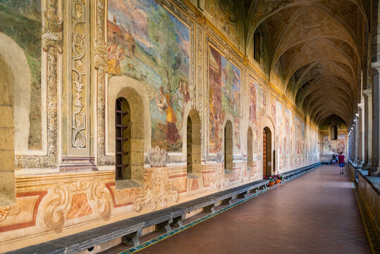 Cloister architecture of the Santa Chiara Monastery in Naples City, Italy