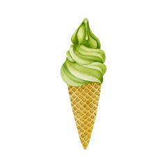 Watercolor illustration of ice cream made from matcha tea.