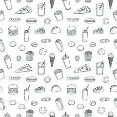 Fast food seamless pattern vector illustration, hand drawing doodles