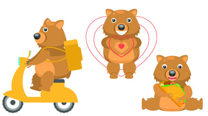 Set Abstract Collection Flat Cartoon Different Animal Wombats Food Delivery On A Moped, Eating Tacos, Joined Hands In The Shape Of A Heart Vector Design Fauna Wildlife
