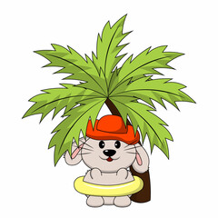 Cute Rabbit under the palm tree. Draw illustration in color