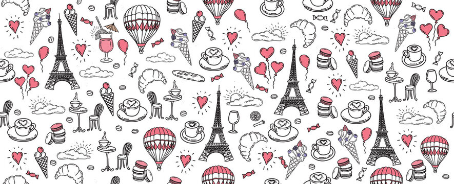Set of hand drawn French icons, Paris sketch illustration. Vector.