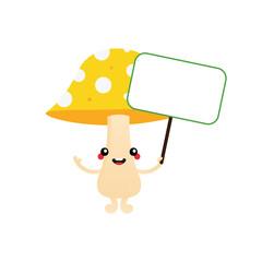 Cute cartoon style smiling mushroom character with dotted yellowcap holding in hand blank card, banner.
