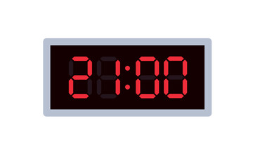 Vector flat illustration of a digital clock displaying 21.00 . Illustration of alarm with digital number design. Clock icon for hour, watch, alarm signs