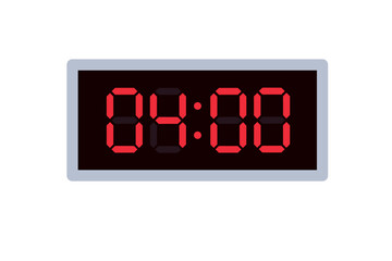 Vector flat illustration of a digital clock displaying 04.00 . Illustration of alarm with digital number design. Clock icon for hour, watch, alarm signs