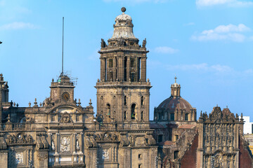Fototapeta na wymiar The top of the Mexico City Metropolitan Cathedral see from the Zocalo Square