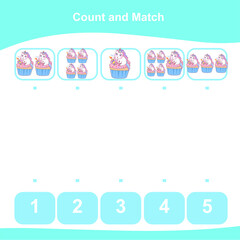 Fototapeta premium Count and Match worksheet for children. Matching images with numbers. Vector illustration. 