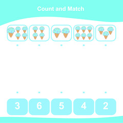 Count and Match worksheet for children. Matching images with numbers. Vector illustration. 