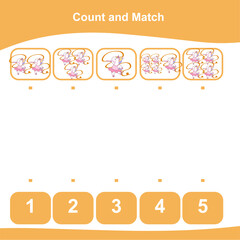Count and Match worksheet for children. Matching images with numbers. Vector illustration. 