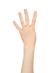 Woman hand shows finger-counting, on white background