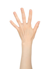 Fototapeta premium Woman hand shows finger-counting, on white background
