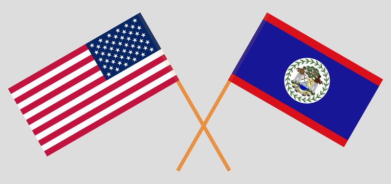 Crossed flags of the USA and Belize. Official colors. Correct proportion