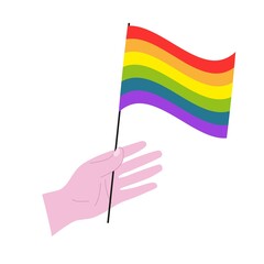 Hand holding LGBT flag on a white background, rainbow vector flag, LGBT pride concept