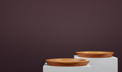 3d Minimalist Landscape podium with mini wood plate, Perfect for Drink menu background, -3d renderring