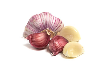 Slices of fresh pink garlic on a white background. Isolated