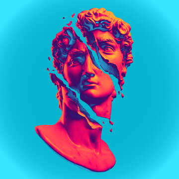 Abstract illustration from 3D rendering of a white marble bust of male classical sculpture broken shattered in three large pieces and tiny fragments isolated on background in vaporwave stye colors.
