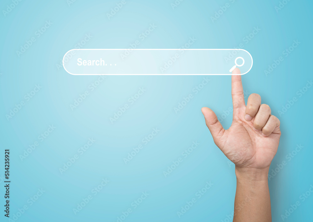 Wall mural searching information data on internet networking concept. hand of man touching magnifying glass ico