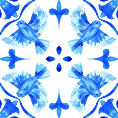 Fototapeta na wymiar Azulejos - Portuguese tile blue watercolor pattern. Traditional ornament.