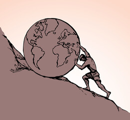 A man rolls a earth up the hill. Vector drawing