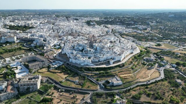 Wide Orbital Right Aerial Ostuni Old Town, Italy