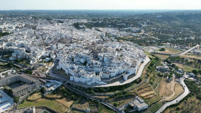 Wide Push Forward Aerial Ostuni Old Town, Italy