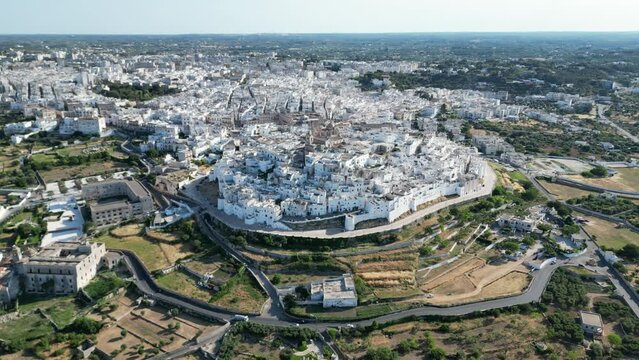 Wide Orbital Left Aerial Ostuni Old Town, Italy