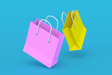 Flying paper shopping bags. Product discounts. Big sale. 3d illustration