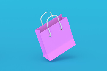 Levitating pink paper shopping bag on turquoise background. 3d illustration