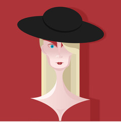 Woman with blond hair wearing a red dress and black hat in flat style