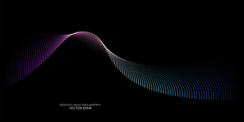 Flowing dots particles wave pattern colorful spectrum light isolated on black background. Vector in concept of AI technology, science, music.