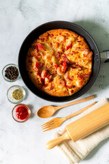 top view of pizza,Traditional pizza with tuna and vegetables. Top view. free space for your text. Rustic style.