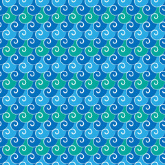 Seamless tile wallpaper background of blue and green curly spiral waves 