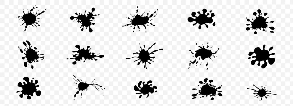 Set of grunge blots, splats. Drops and splashes of ink. Paint splash. Wet spots, splashes of liquid paint drops and ink splatters. Vector graphic EPS10