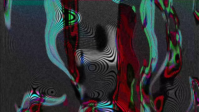 Moiré distorted lines with vibrant colors flow and noise animation, 4k psychedelic abstract motion graphics.