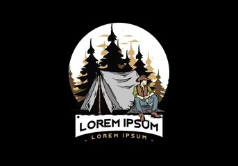 Man wearing a cowboy hat sitting in front of the tent illustration