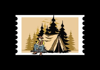 Man wearing a cowboy hat sitting in front of the tent illustration