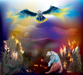 Symbolic image of Russia's war in Ukraine. An eagle in blue and yellow colors flying over the ruins and a Russian bear