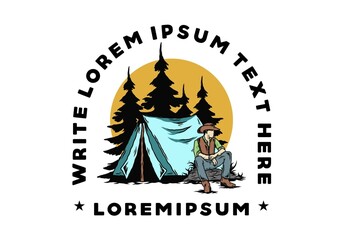 Man wearing a cowboy hat sitting in front of the tent illustration