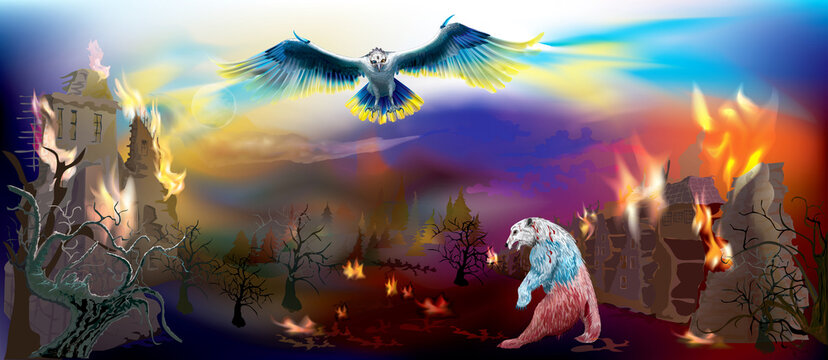 A symbolic image of Russia's war in Ukraine. An eagle in blue and yellow colors flying over the ruins and a Russian bear
