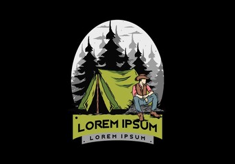 Man wearing a cowboy hat sitting in front of the tent illustration