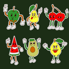 drawn fashion cartoon design of the 70s. Cartoon fruits.Vector set of fruits, Stickers.