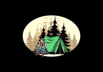 Man wearing a cowboy hat sitting in front of the tent illustration