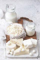 Fresh dairy products (milk, kefir, feta, cottage cheese, Mozzarella).Symbols of jewish holiday - Shavuot