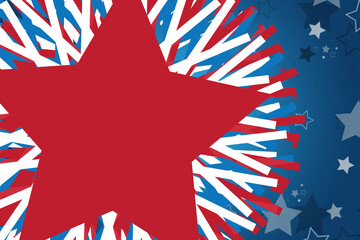 Red white and blue star background for July 4th or Memorial day holiday background sale banner with copy space in star.