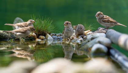 Young house sparrows at a bird watering hole. Czechia. 